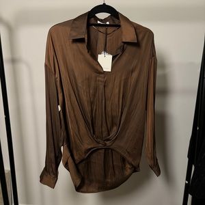 NEW Crescent Brown Satin Shirt Blouse, S